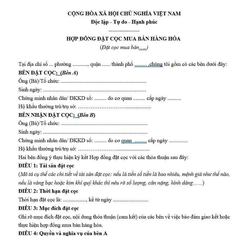 Mẫu hợp đồng đặt cọc mua bán hàng hóa file Word